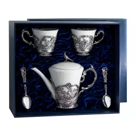 Серебряный чайный набор "Королевская охота": ложка, чашка, чайник