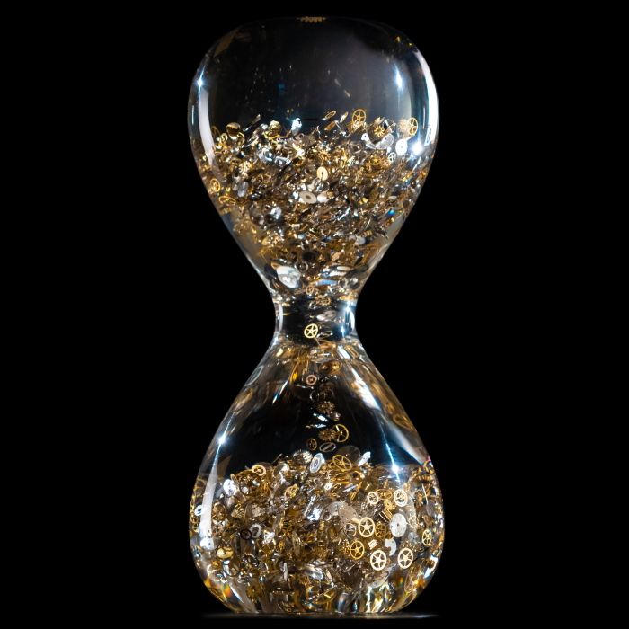 The hourglass sculpture "Passage Through Time" is large