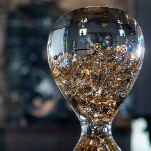 The hourglass sculpture "Passage Through Time" is large