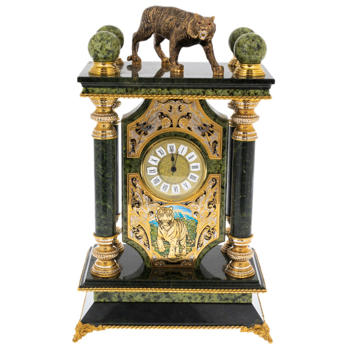 Mantel clock made of serpentine "Tiger" Zlatoust