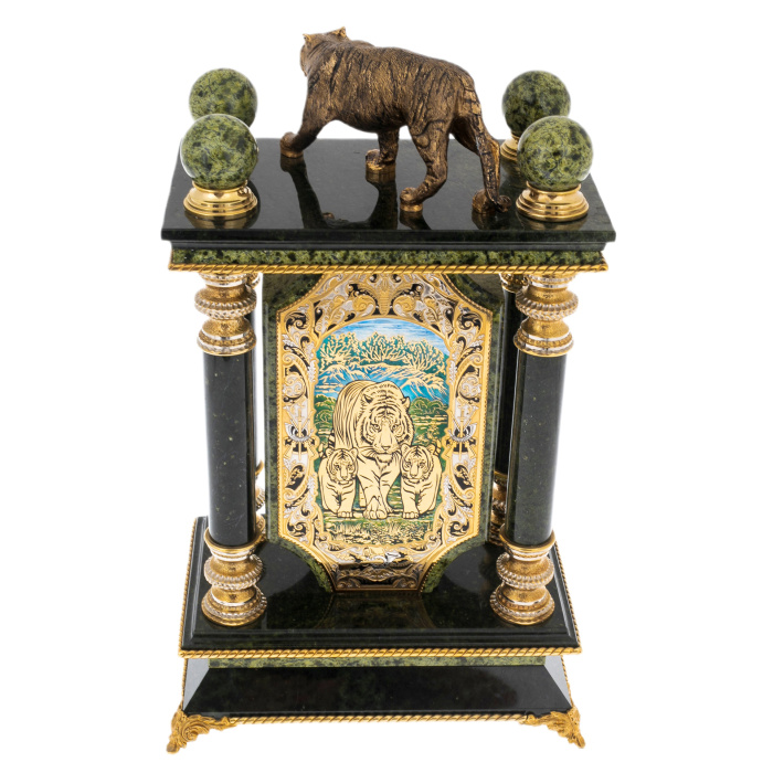 Mantel clock made of serpentine "Tiger" Zlatoust