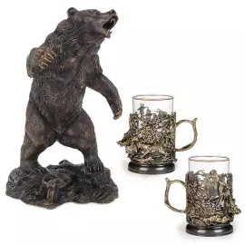 Набор подарочный "Охота на медведя" со статуэткой и 2-мя стаканами в подстаканниках