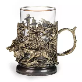 Набор подарочный "Охота на медведя" со статуэткой и 2-мя стаканами в подстаканниках