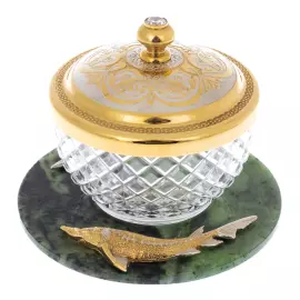 Икорница на подставке из нефрита "Два осетра" Златоуст