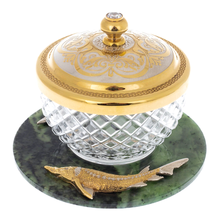 Caviar bowl on a jade stand "Two sturgeons" Zlatoust
