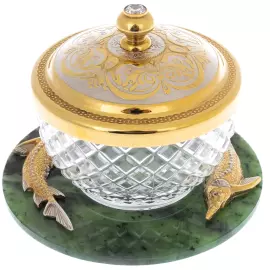 Икорница на подставке из нефрита "Два осетра" Златоуст