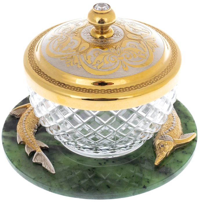 Caviar bowl on a jade stand "Two sturgeons" Zlatoust