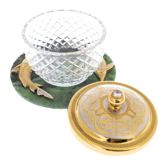 Caviar bowl on a jade stand "Two sturgeons" Zlatoust