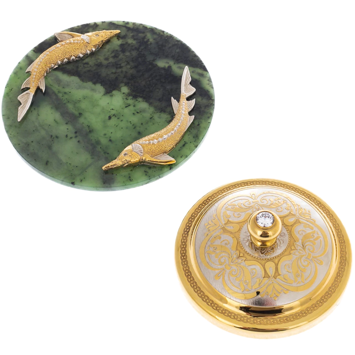 Caviar bowl on a jade stand "Two sturgeons" Zlatoust