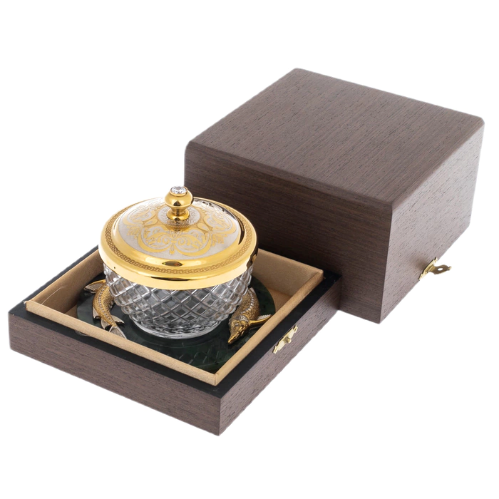 Caviar bowl on a jade stand "Two sturgeons" Zlatoust
