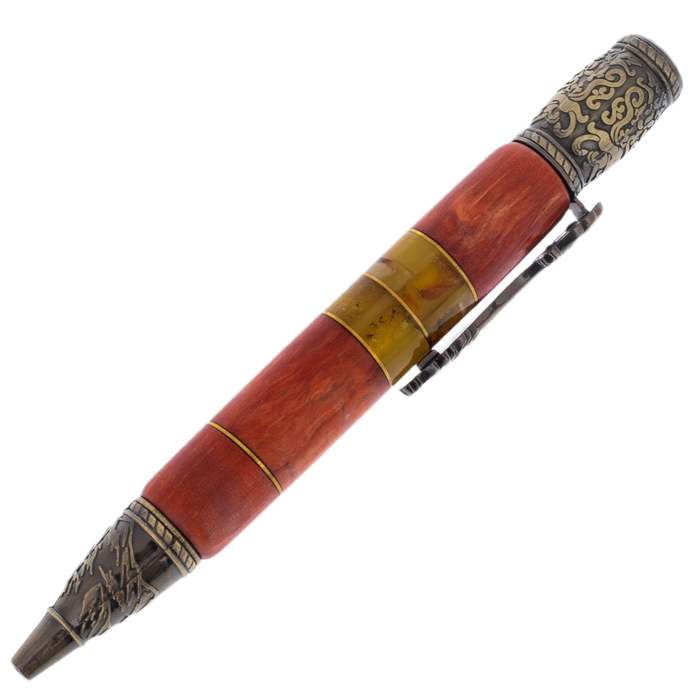 Ballpoint pen made of walnut and amber "Dragon" in a case, red
