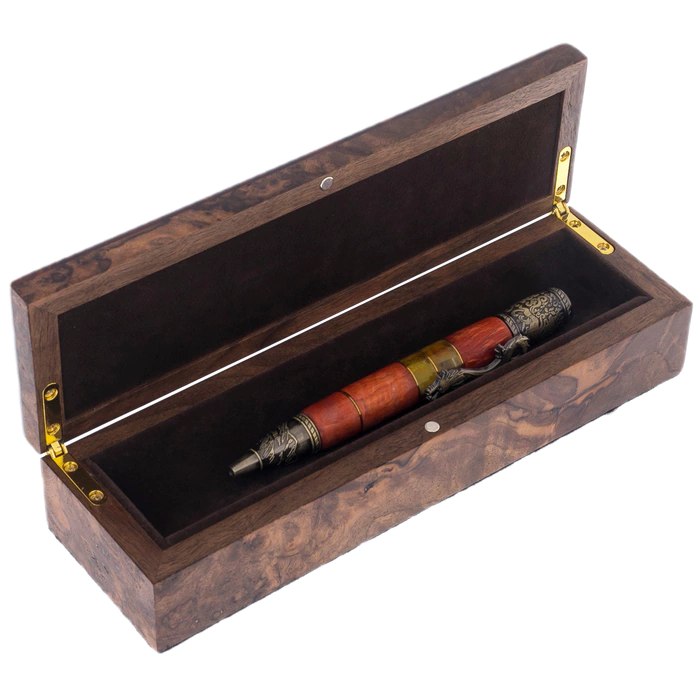 Ballpoint pen made of walnut and amber "Dragon" in a case, red