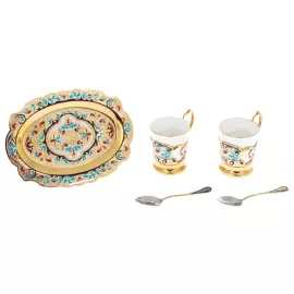 Coffee set on a tray with enamel "Tenderness" for 2 persons, Zlatoust