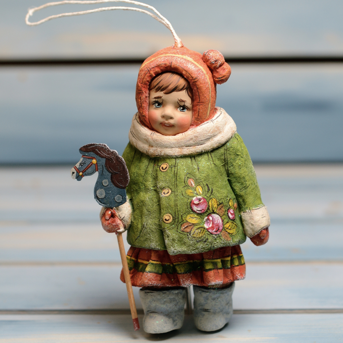 Collectible Christmas tree toy "Irushka with a horse" from the collection "Soviet Childhood"