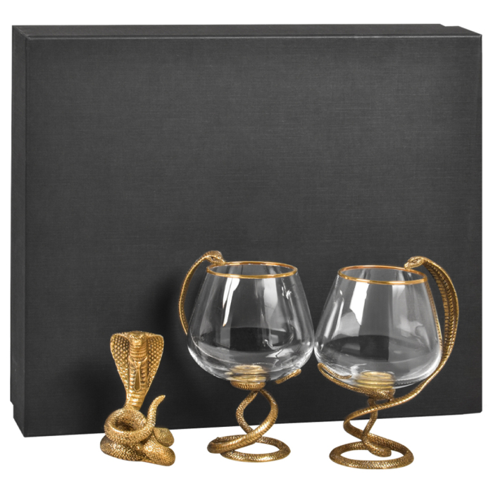 A set of glasses for cognac "Snake. Charente" with a figurine, for 2 people, in a box