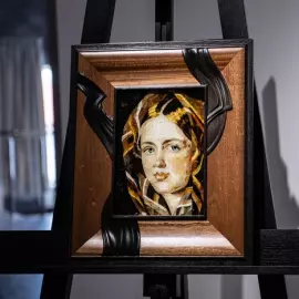 Panel made of wood and amber Alexey Gavrilovich Venetsianov "Girl in a plaid shawl"