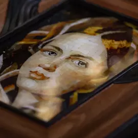 Panel made of wood and amber Alexey Gavrilovich Venetsianov "Girl in a plaid shawl"