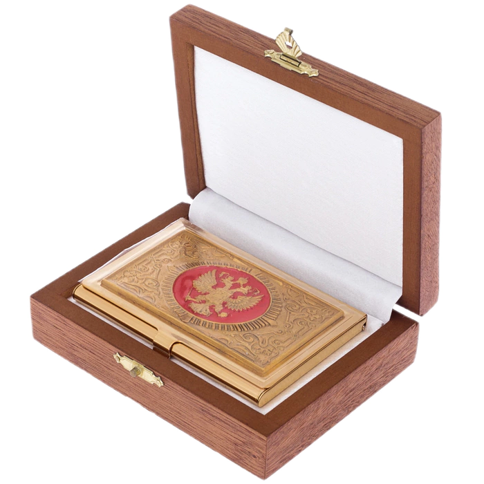 Coat of Arms business card holder with electroplating and enamel, Zlatoust