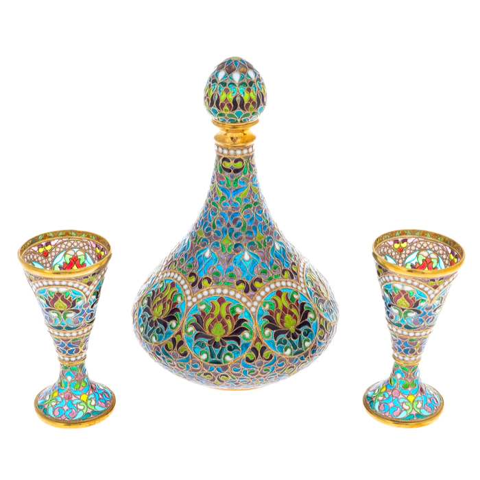 Decanter with glasses "Blooming" with hot enamels