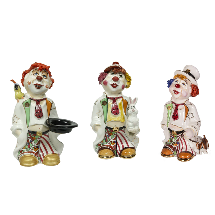 Set of porcelain sculptures: "Clown with parrot", "Clown with rabbit" and "Clown with dachshund"