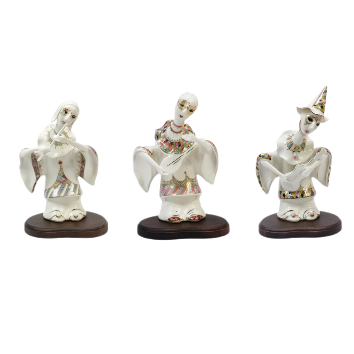 Set of porcelain sculptures: "Pierrot with a pipe", "Pierrot with a guitar" and "Pierrot with a mandolin"