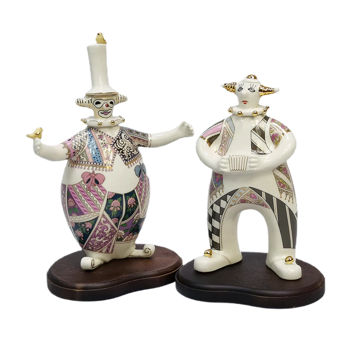 Set of porcelain sculptures: "Bubble Clown" and "Pretzel Clown"