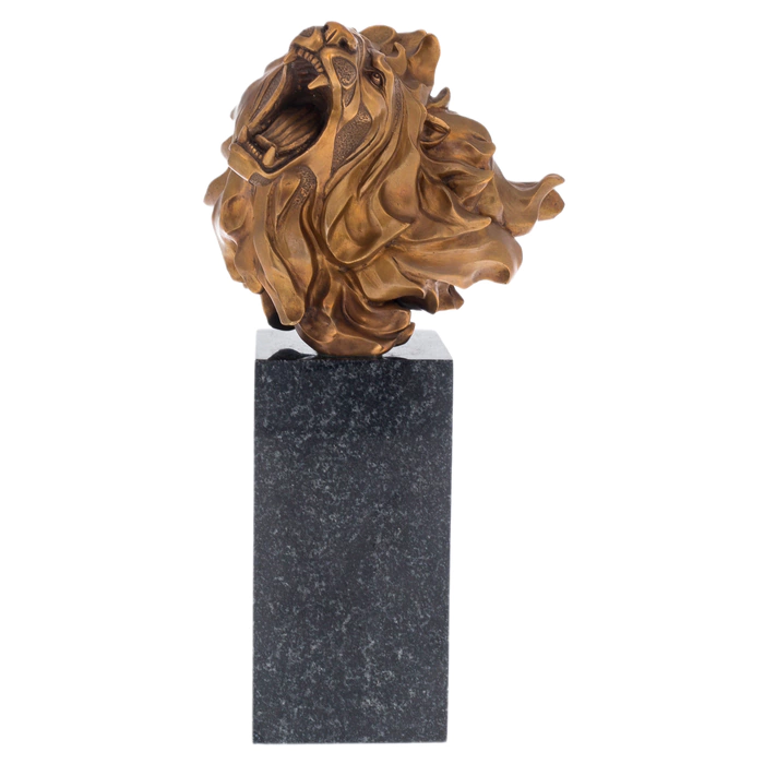 The author's bronze sculpture "Lion's Grin" on a marble stand