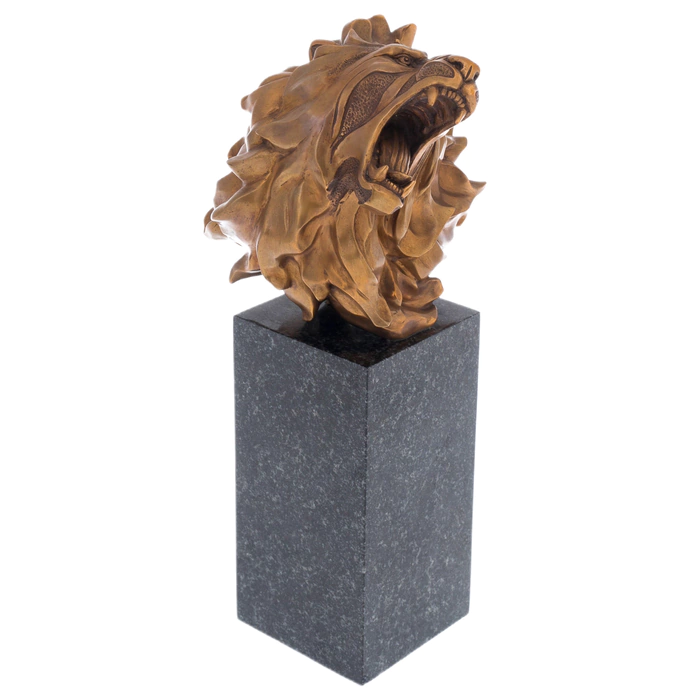 The author's bronze sculpture "Lion's Grin" on a marble stand