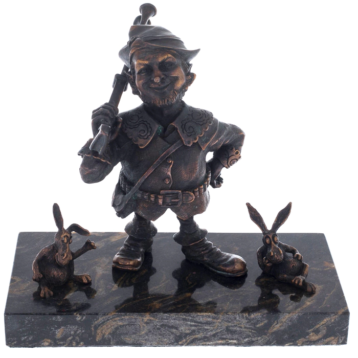 The author's bronze sculpture "The Gnome Hunter" on a marble stand