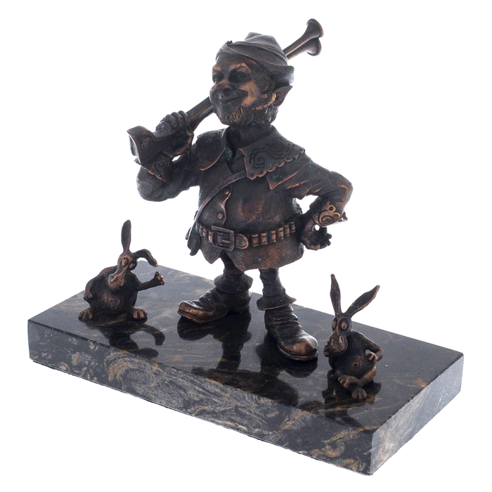 The author's bronze sculpture "The Gnome Hunter" on a marble stand