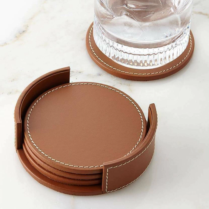 Wyatt glass holders made of genuine leather, 4 pieces