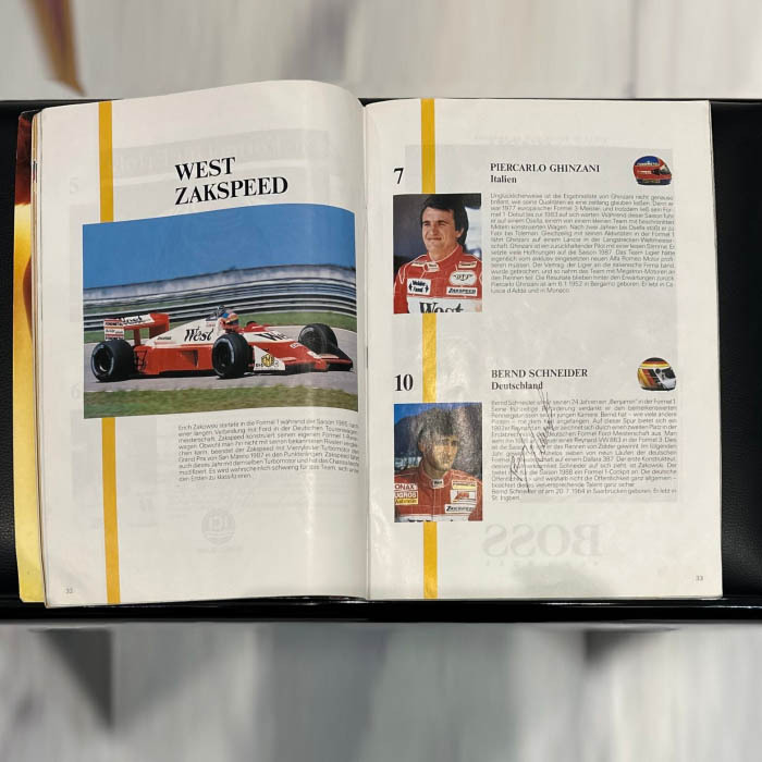 A magazine with 14 autographs of racing drivers: Ayrton Senna, Alain Prost, Jonathan Palmer, Nigel Mansell, Riccardo Patrese and others
