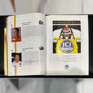 A magazine with 14 autographs of racing drivers: Ayrton Senna, Alain Prost, Jonathan Palmer, Nigel Mansell, Riccardo Patrese and others