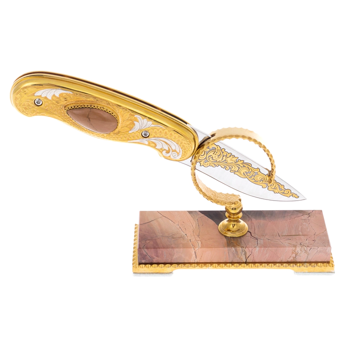 Folding knife "Desert" on a jasper stand, Zlatoust