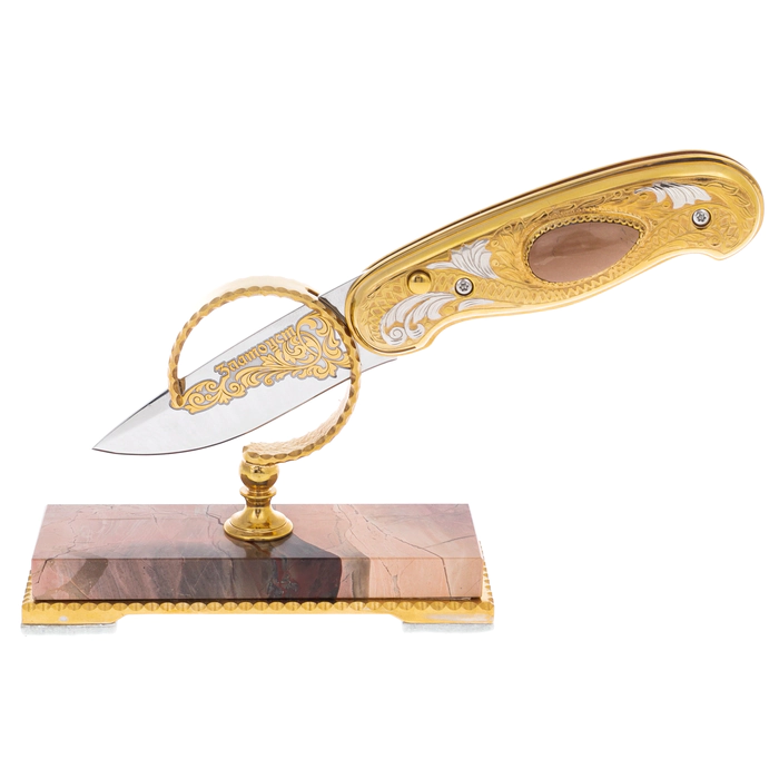 Folding knife "Desert" on a jasper stand, Zlatoust