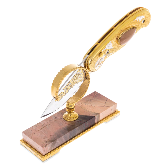 Folding knife "Desert" on a jasper stand, Zlatoust