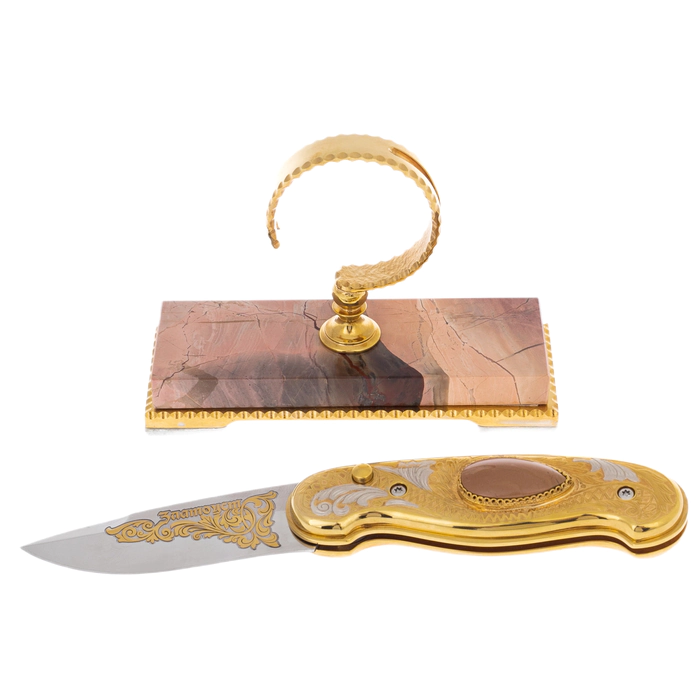Folding knife "Desert" on a jasper stand, Zlatoust