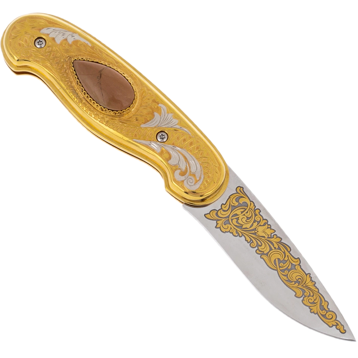Folding knife "Desert" on a jasper stand, Zlatoust