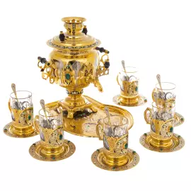 Чайный набор с самоваром "Малахит" на 6 персон, 21 предмет, Златоуст