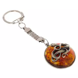 Брелок из янтаря и бронзы "Змея"