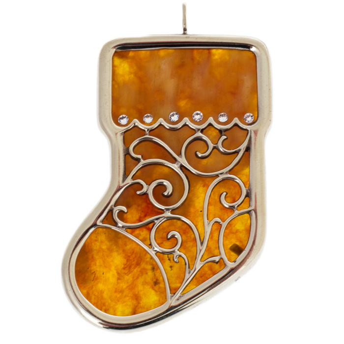 Ёлочное украшение из янтаря и бронзы "Носок"