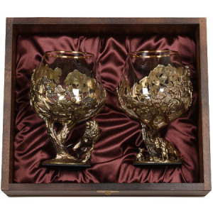 Set for cognac "Lion/Lioness" for 2 persons, in a wooden box