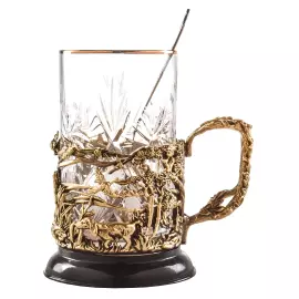 Crystal and brass Duck Hunting cup holder in a wooden box