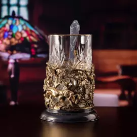 Crystal and brass Duck Hunting cup holder in a wooden box