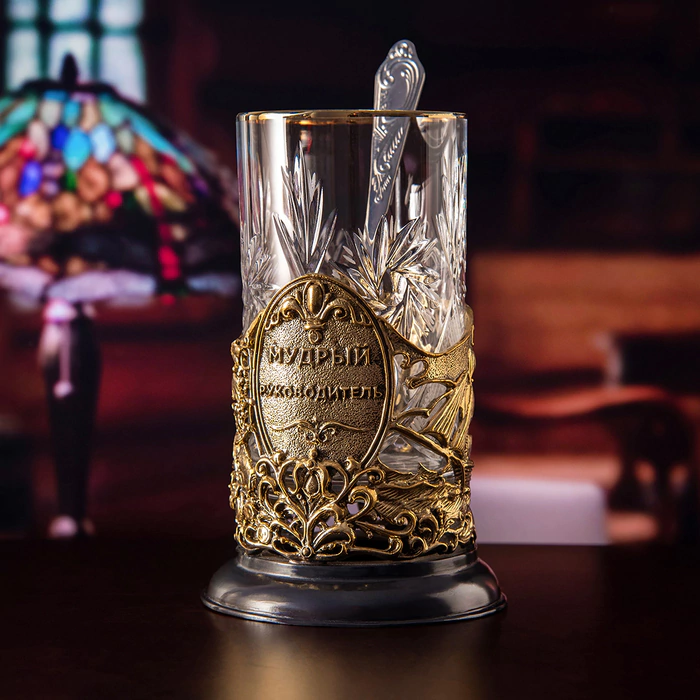 Crystal and brass cup holder "Wise Leader" in a wooden box