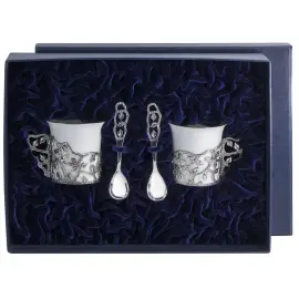 Набор кофейных чашек из серебра "Листопад" на 2 персоны, с ложками Набор кофейных чашек из серебра "Листопад" на 2 персоны, с ложками