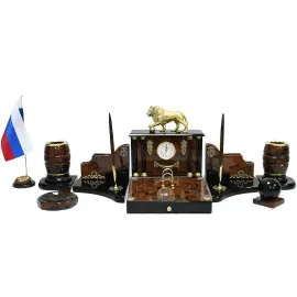 Настольный набор из обсидиана "Лев с шаром"