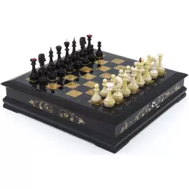 Chess chest made of stained oak and amber