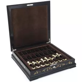 Chess chest made of stained oak and amber