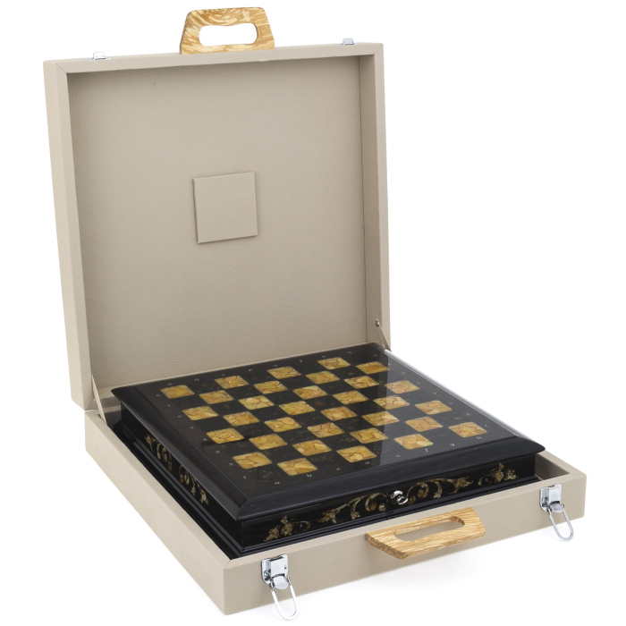 Chess chest made of stained oak and amber